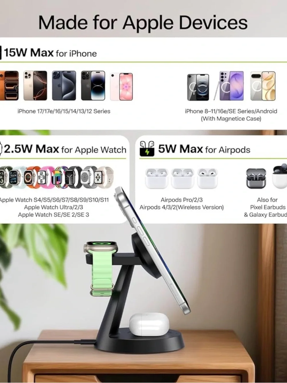 3-in-1 Magnetic Charging Stand for Phone, Watch and Earbuds - Mint Green